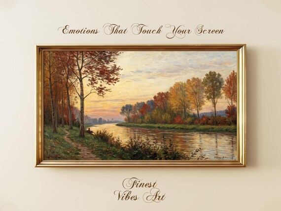 Autumn River Sunset Vintage Oil Painting Fall Landscape Poster