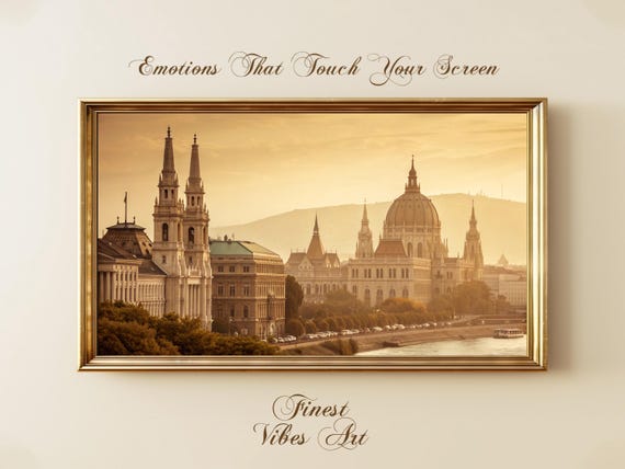 Golden European Cityscape For Samsung Frame Tv Warm Sepia Architecture Art Vintage Historic Riverfront