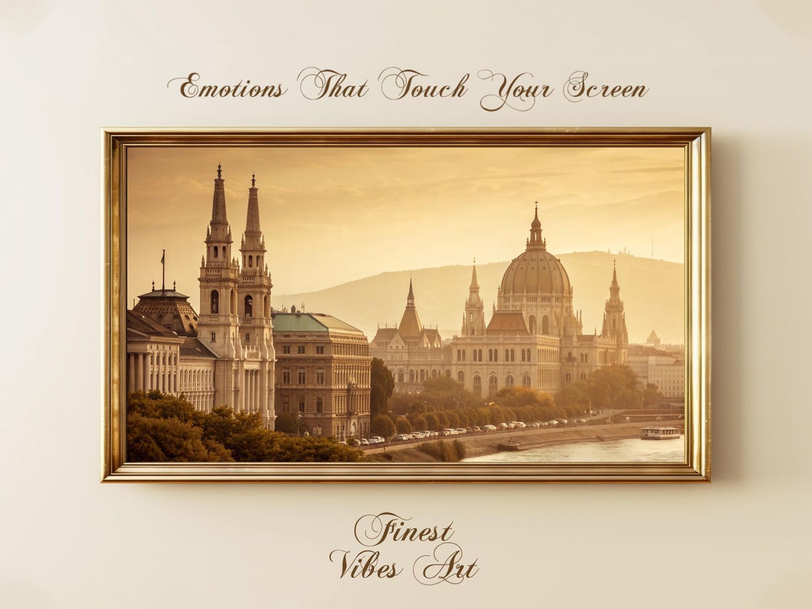 Golden European Cityscape For Samsung Frame Tv Warm Sepia Architecture Art Vintage Historic Riverfront