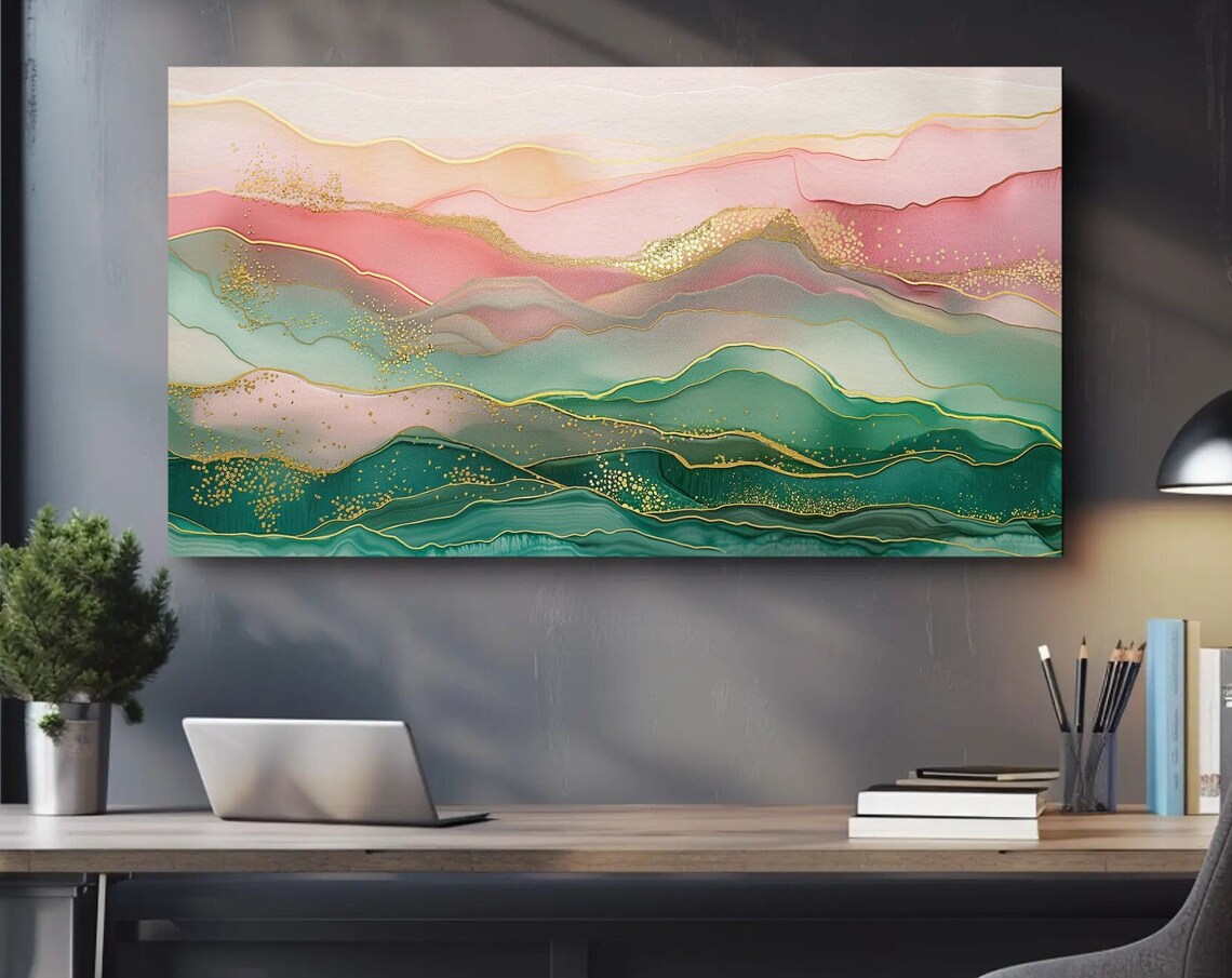 Pink and Green Abstract Mountain Landscape Art Print