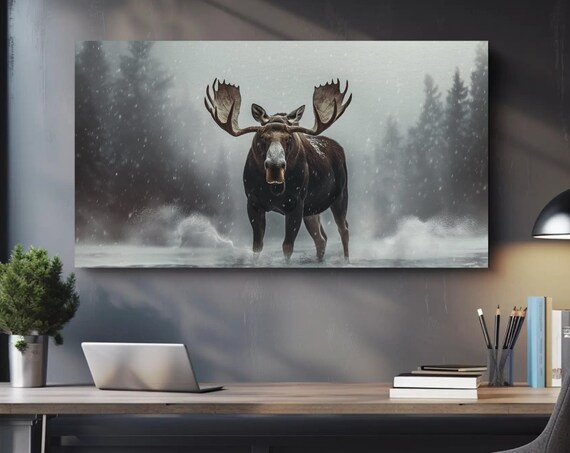 Close Up Moose With Grand Antlers Wading Through Snow Poster