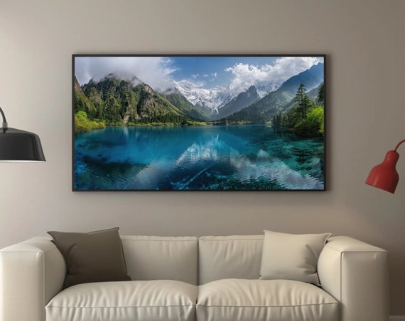 Snowcapped Mountains Clear Water Lake Painting Framed Print Modern Landscape Wall Art Ideal For Living Room Bedroom Office Decor