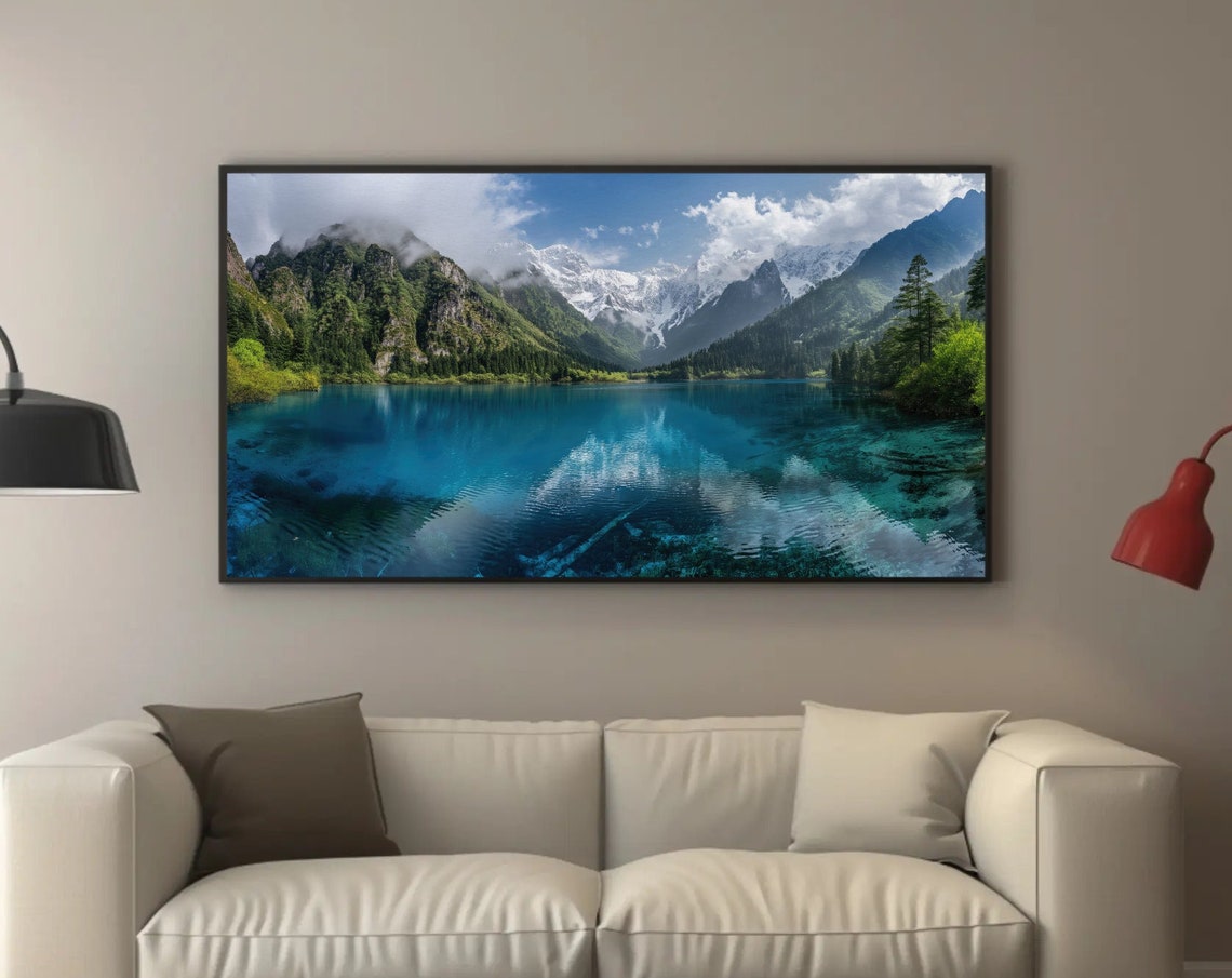 Turquoise Mountain Lake with Snow Peak Reflections Scenic View Poster
