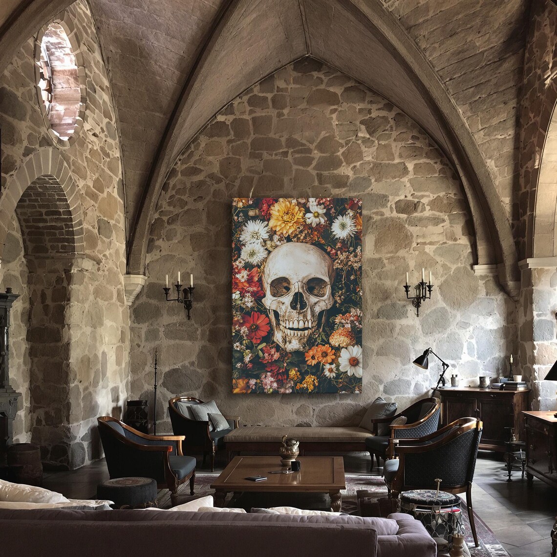 Skull Among Vibrant Wildflowers Dark Gothic Floral Still Life Wall Art - Image 3