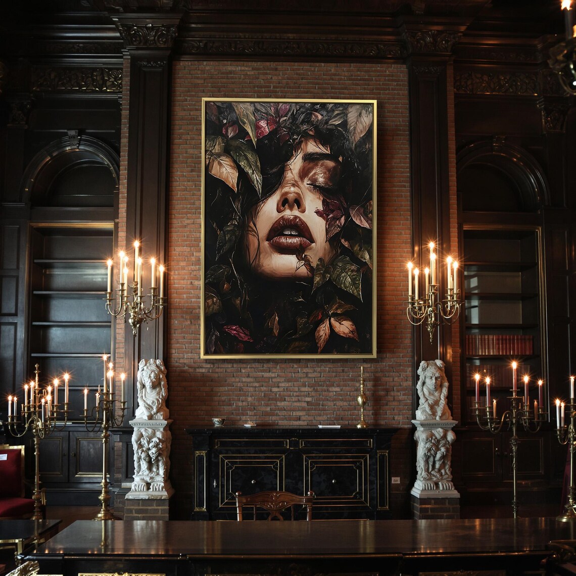 Woman Face With Closed Eyes Among Dark Leaves Red Lips Surreal Botanical Poster - Image 2