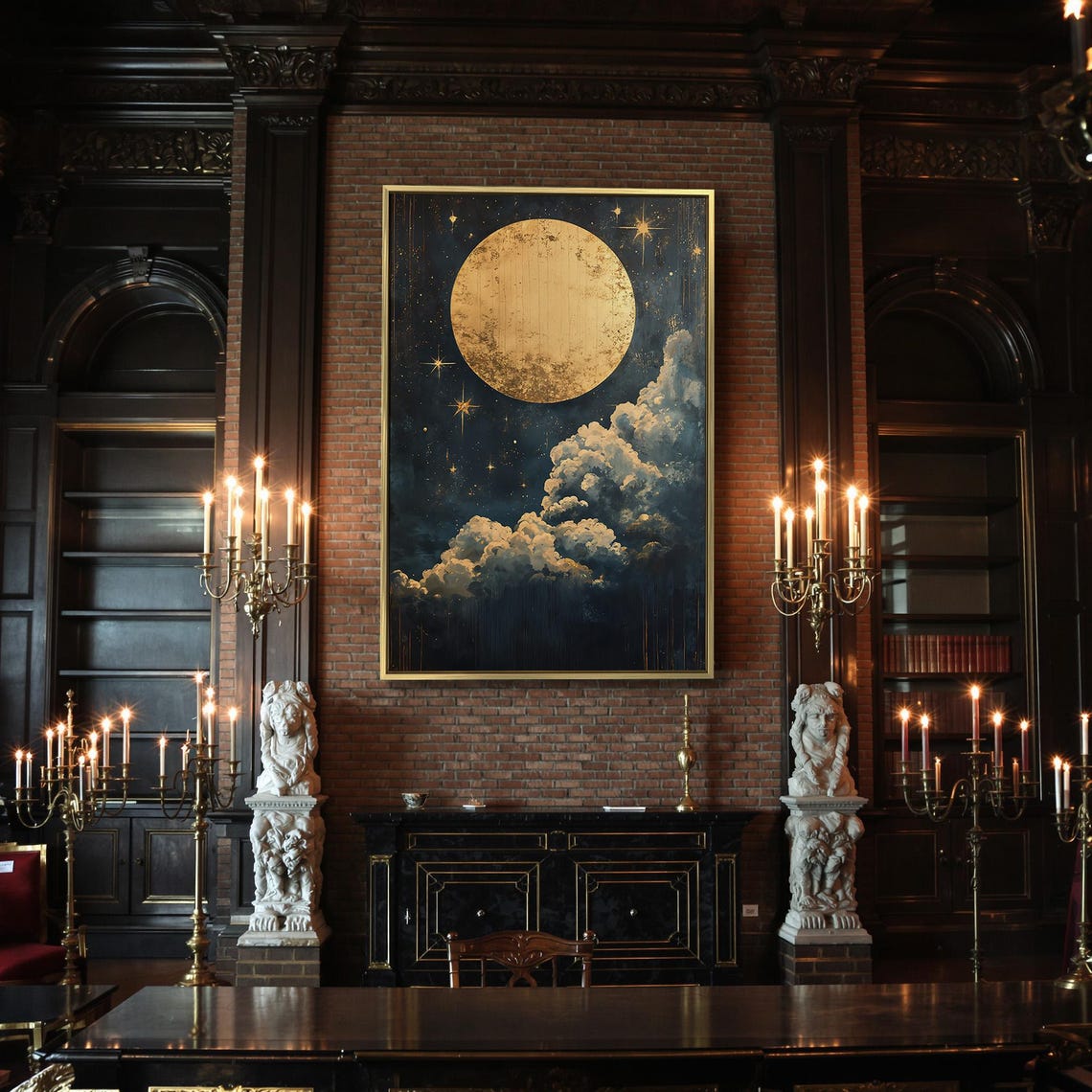 Golden Full Moon Dark Starry Night Clouds Black And Gold Poster - Image 2