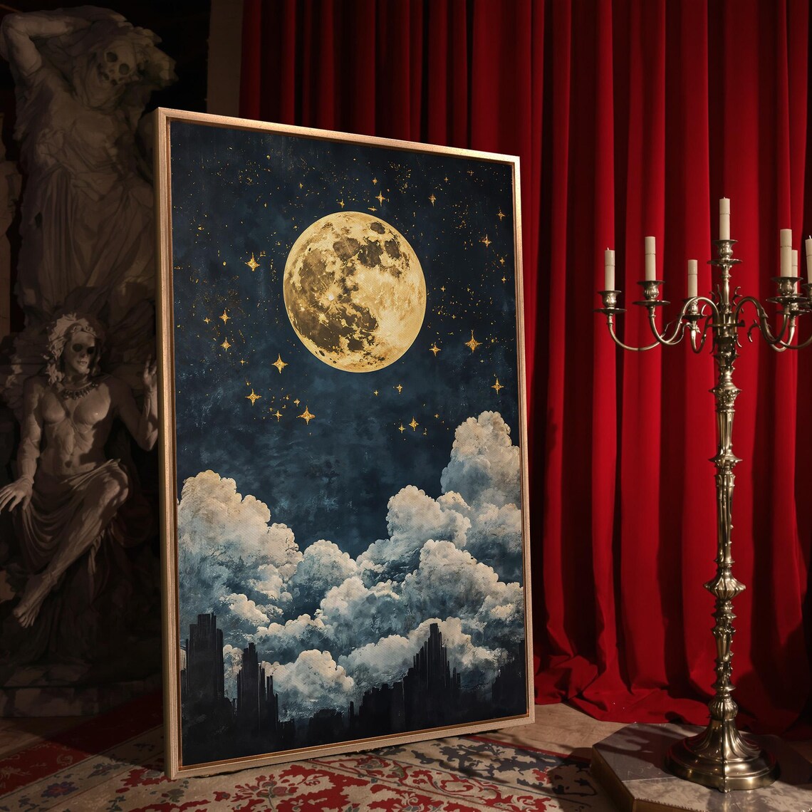 Full Golden Moon Over Clouds Dark City Silhouette Starry Night Urban Wall Poster - Image 4