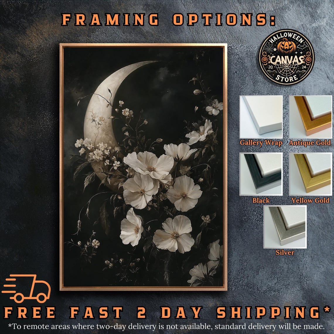 Crescent Moon White Wildflowers Dark Night Floral Gothic Poster - Image 5
