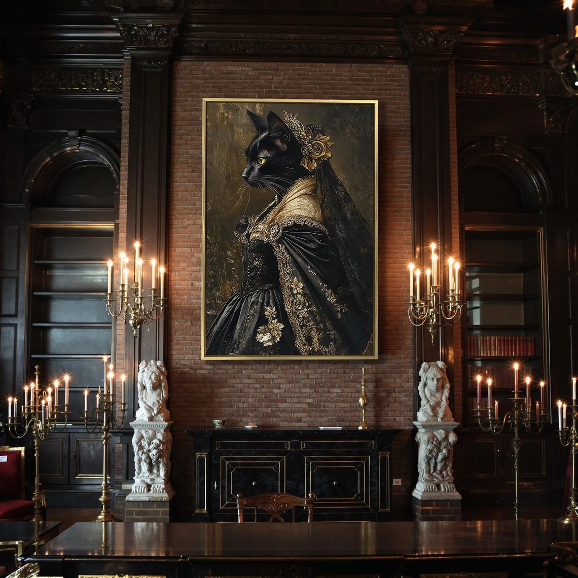 Victorian Black Cat In Gothic Dress Golden Rose Elegant Art Poster - Image 2