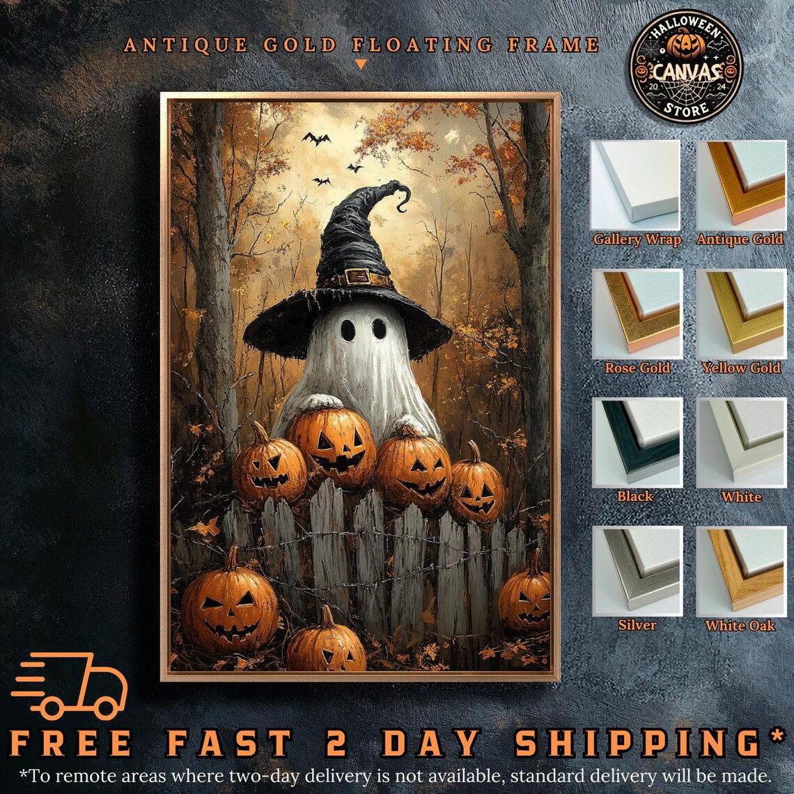 Ghost Wearing Witch Hat Halloween Poster, Rustic Decor - Image 2