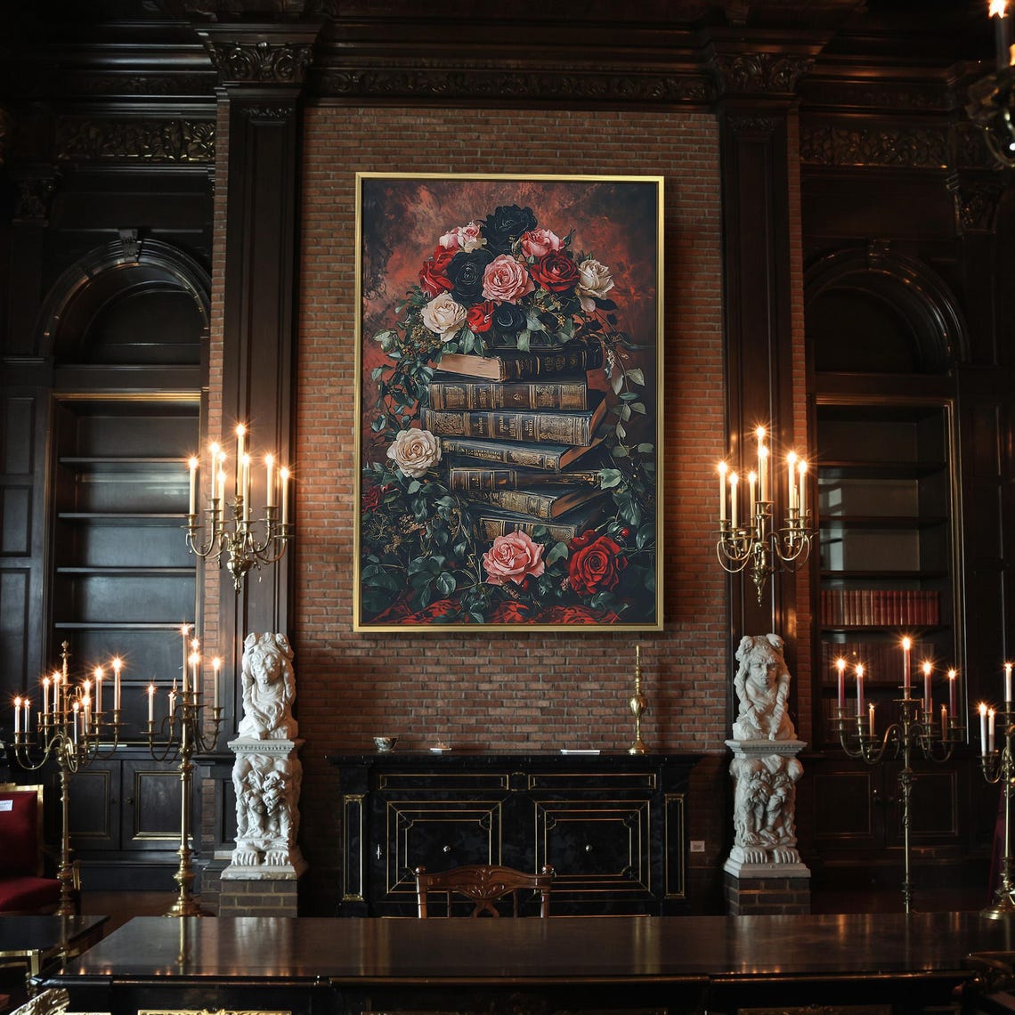 Vintage Book Stack Roses Romantic Dark Floral Gothic Library Art Print - Image 2