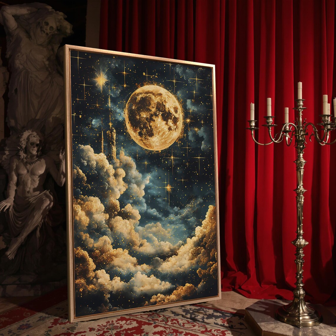 Full Golden Moon Sparkling Stars Billowing Clouds Dreamy Night Sky Wall Poster - Image 4