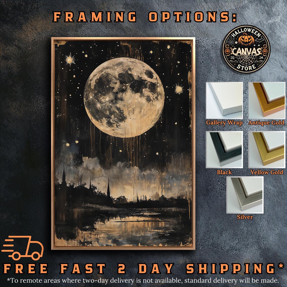 Giant Full Moon Over Dark City Skyline Reflection Black Gold Night Poster - Image 5