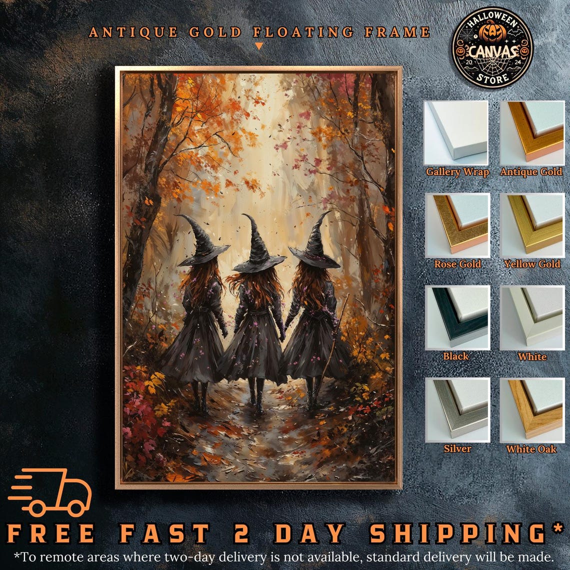Three Witches Walking Through Autumn Forest Halloween Art Poster - Image 2