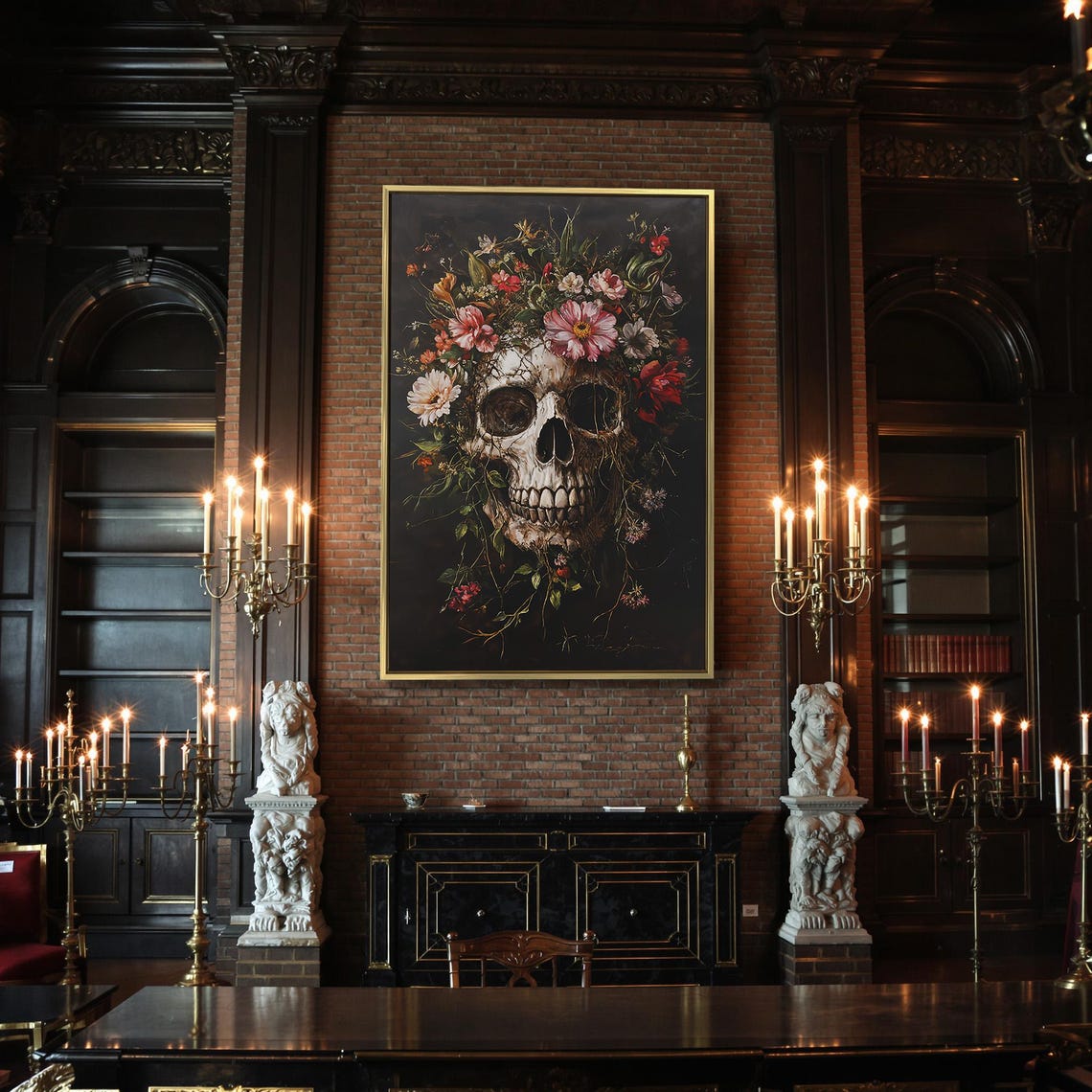 Skull Adorned With Pink and White Wildflower Crown Art Poster - Image 2