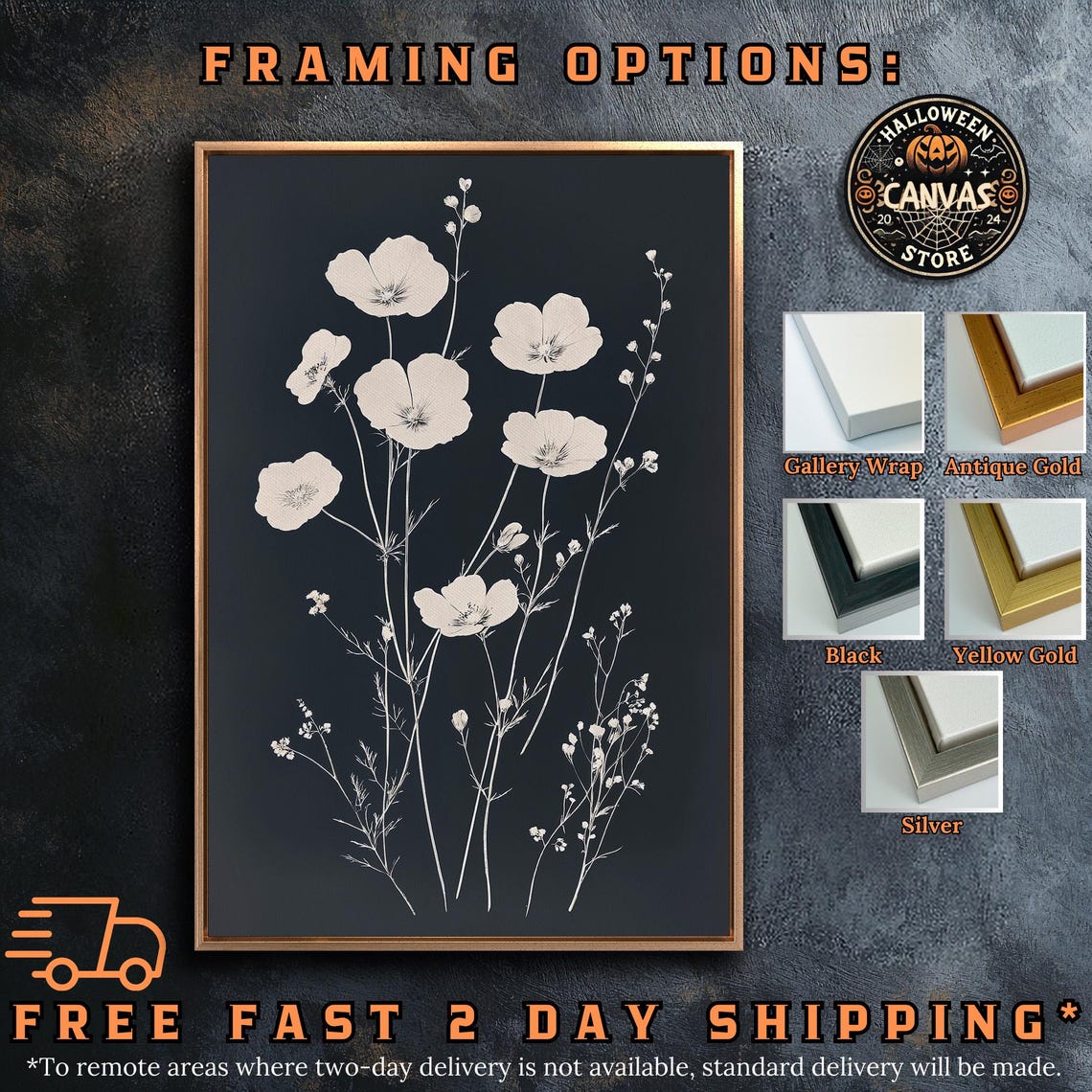 Minimalist White Wildflowers Black Background Dark Botanical Poster - Image 5