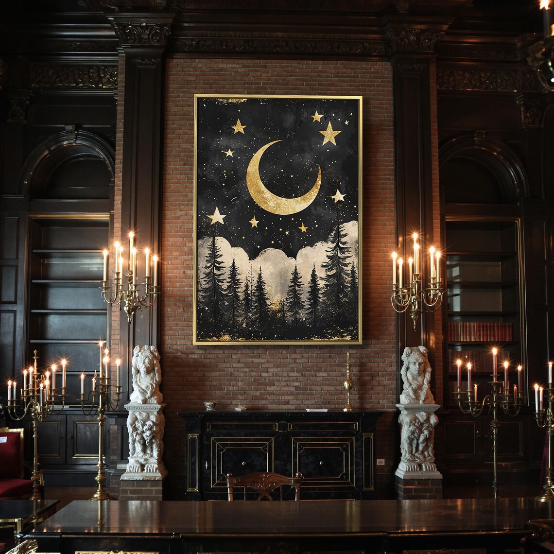 Gold Crescent Moon Stars Pine Forest Gothic Celestial Night Sky Wall Poster - Image 2