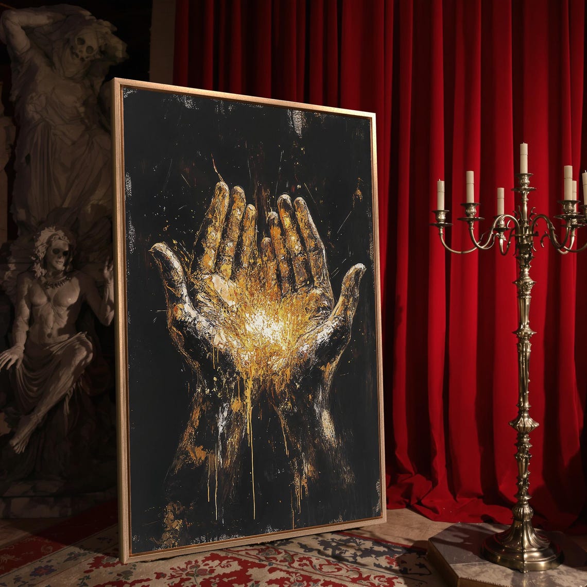 Golden Open Hands Reaching Up Dark Expressive Abstract Art Poster - Image 4