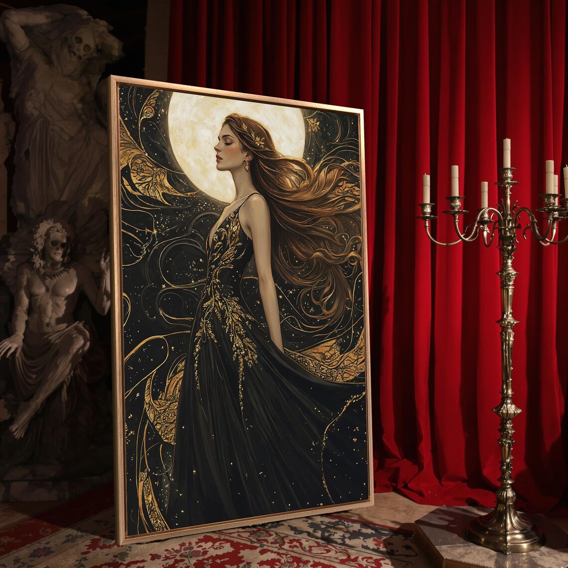 Celestial Woman Full Moon Halo Flowing Auburn Hair Black Gold Gothic Wall Art - Image 4