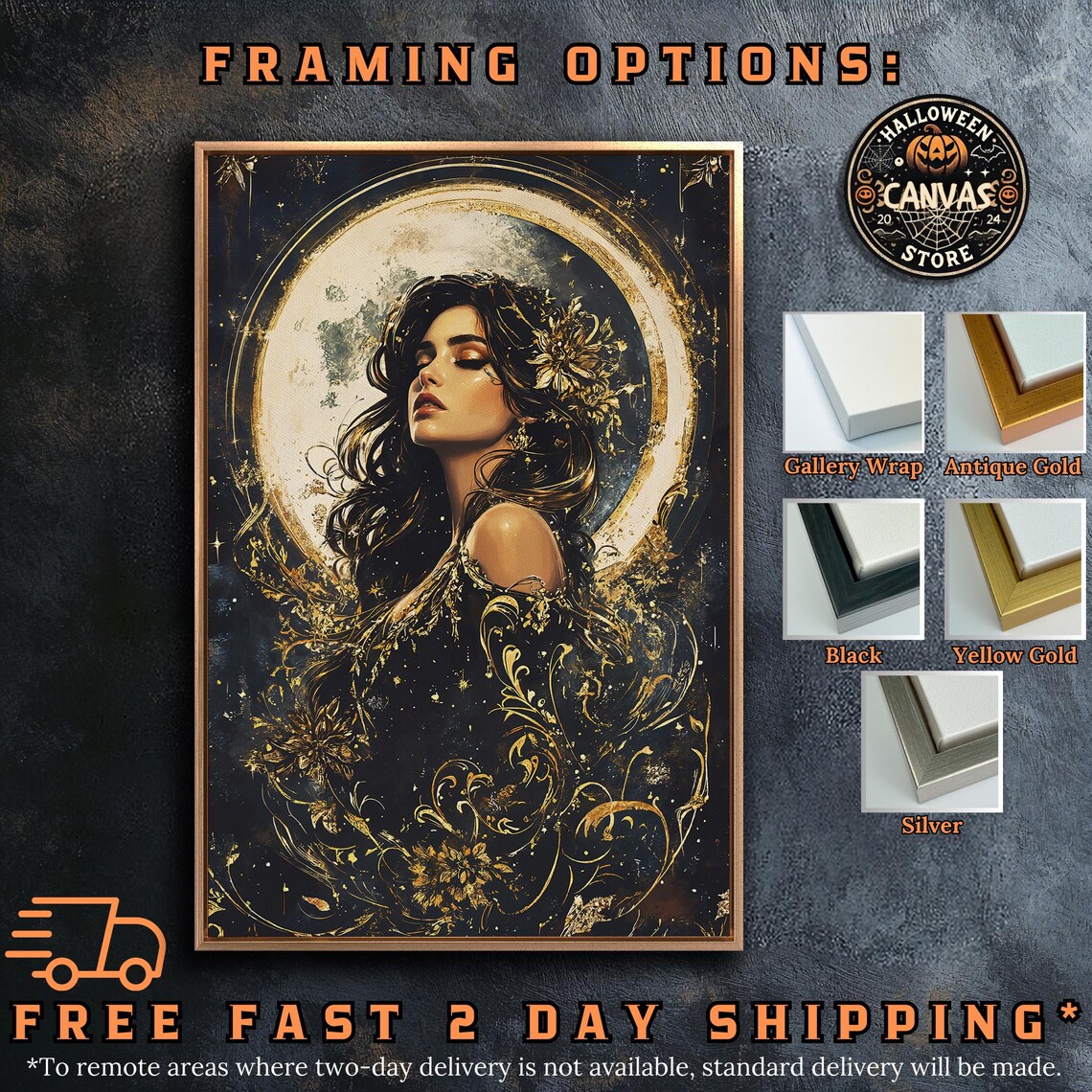 Celestial Goddess Full Moon Halo Flowing Hair Black Gold Mystical Wall Art - Image 5