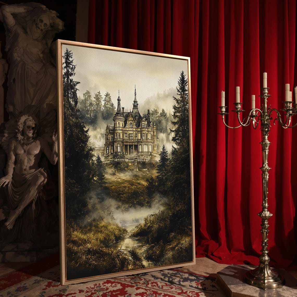 Mystical Chateau in Misty Pine Forest Golden Fog Painting Poster - Image 4