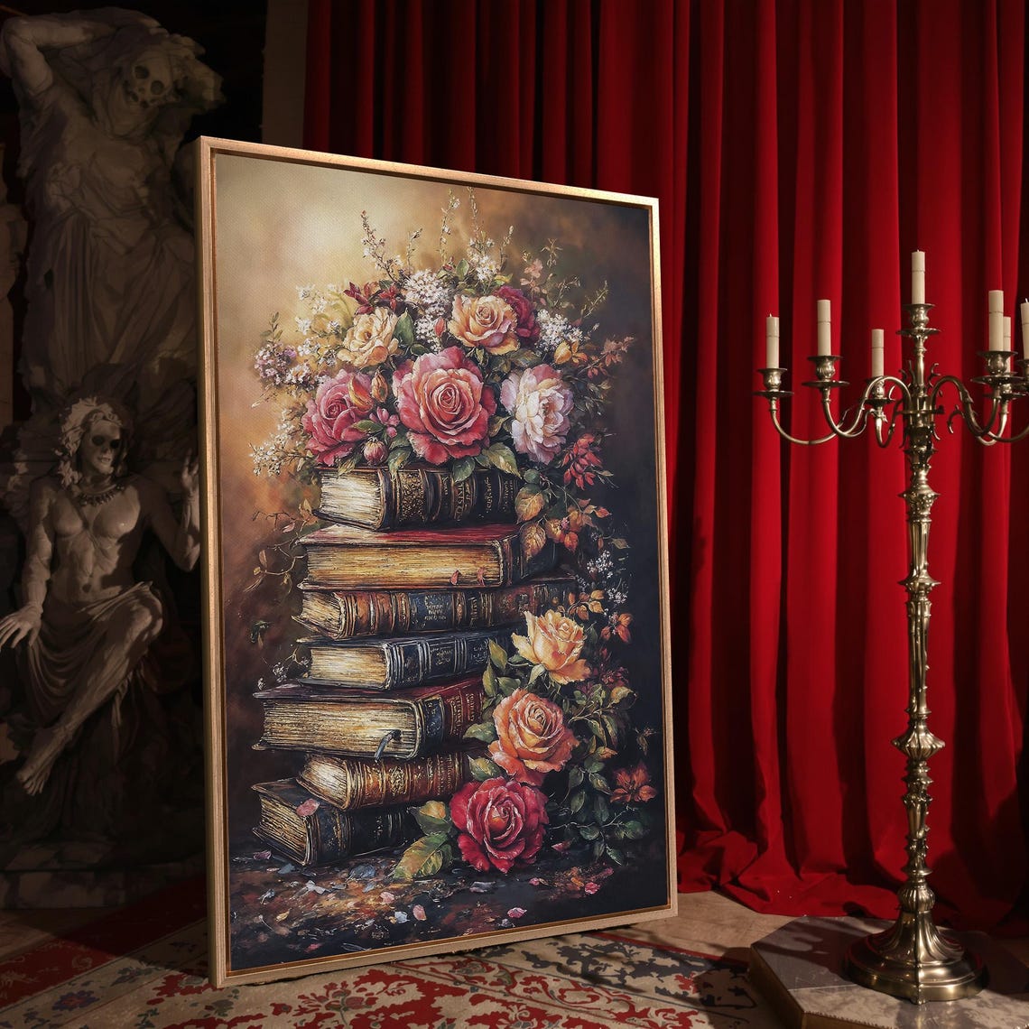 Antique Books Stack With Blooming Roses Romantic Floral Art Poster - Image 4