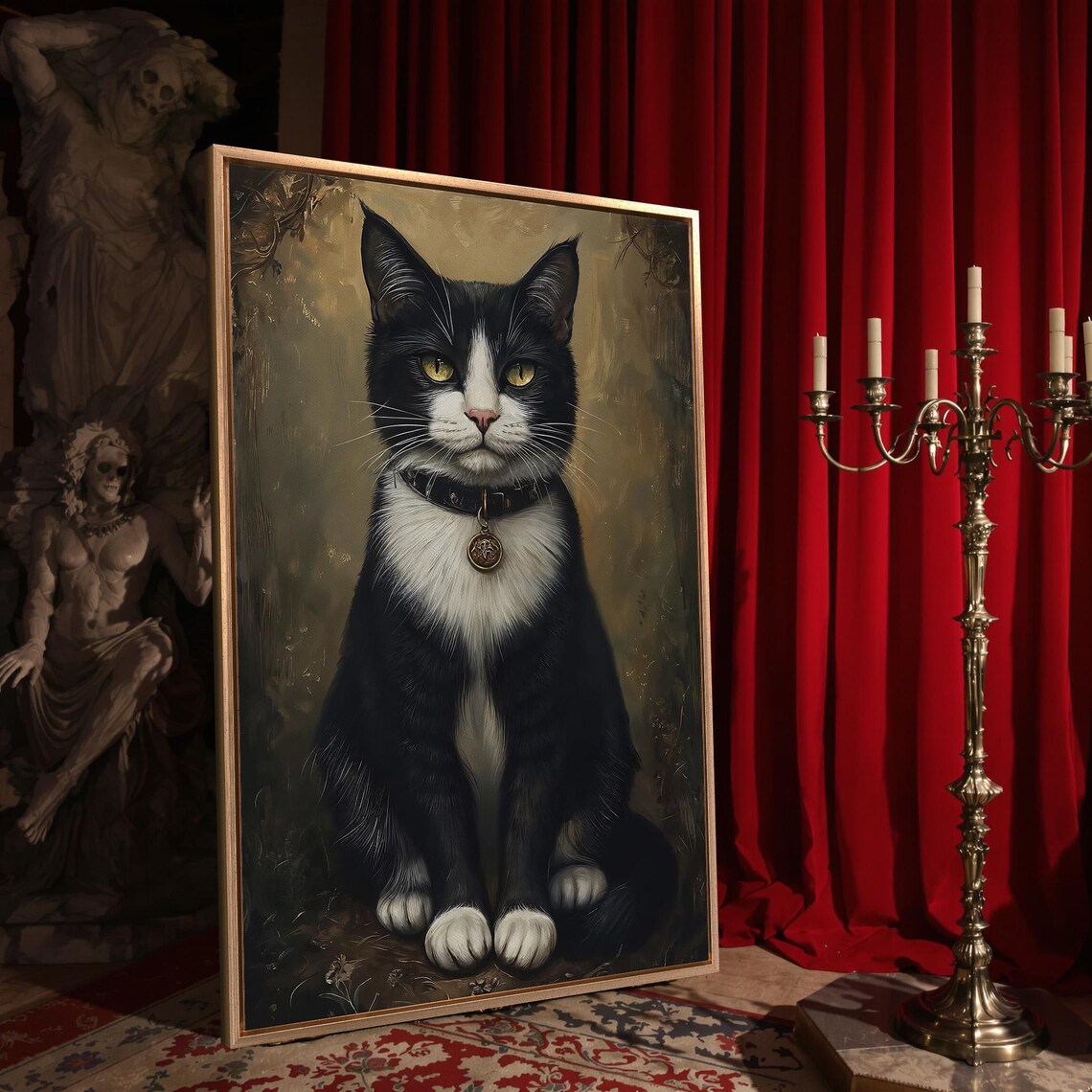 Tuxedo Cat Portrait With Green Eyes Vintage Style Painting Poster - Image 4