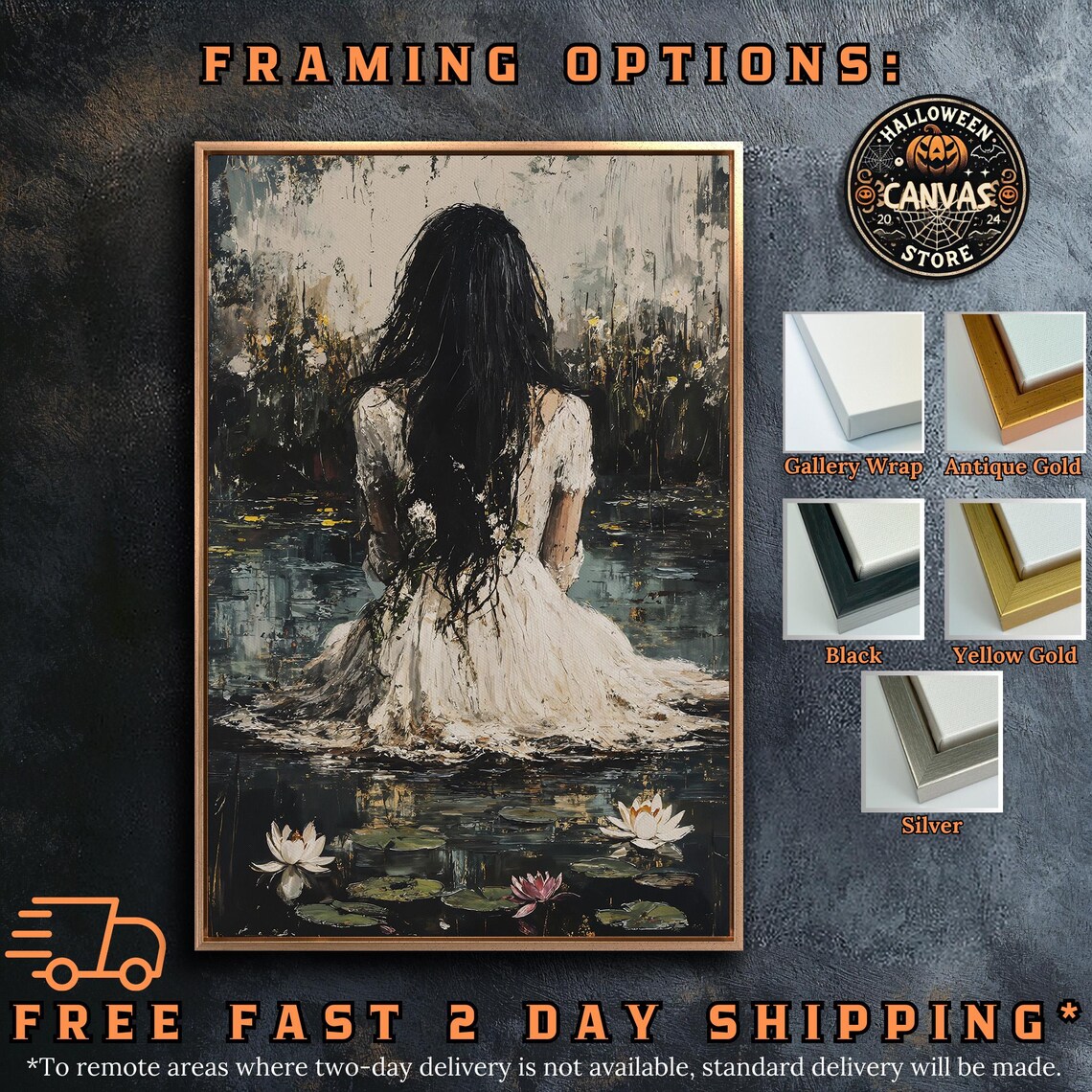 Woman Water Lilies Dark Pond White Dress Moody Painterly Gothic Wall Art - Image 5