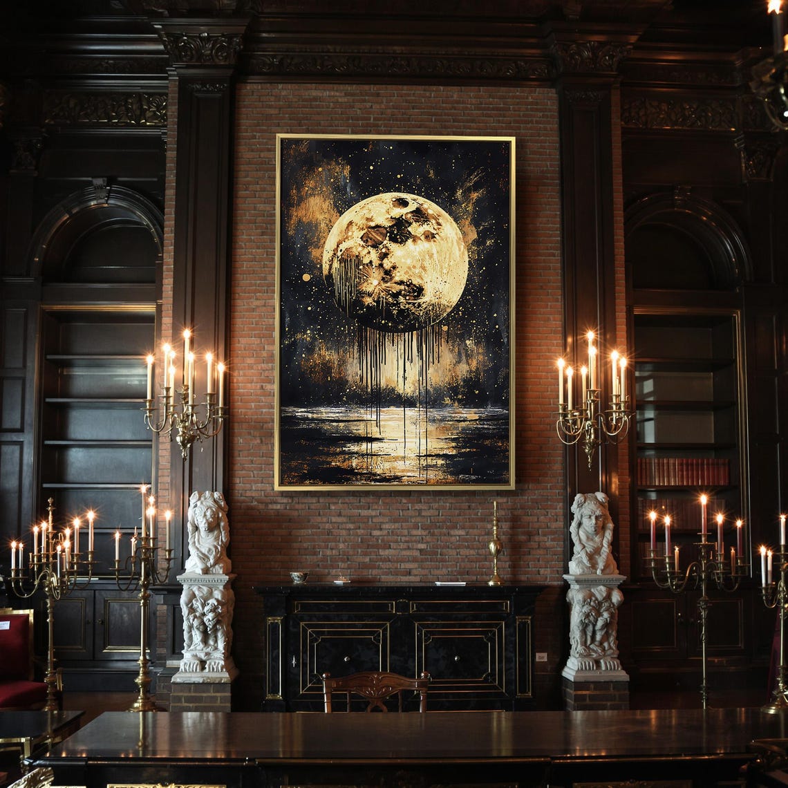 Giant Golden Dripping Full Moon Over Dark Water Black Night Sky Poster - Image 2