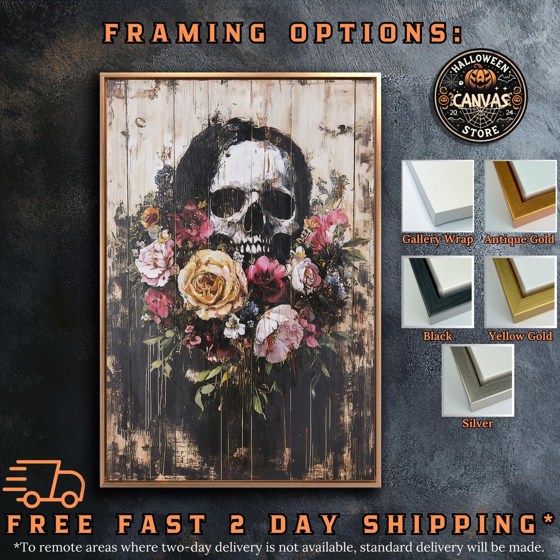 Skull With Blooming Roses On Distressed Wood Dark Floral Gothic Poster - Image 5