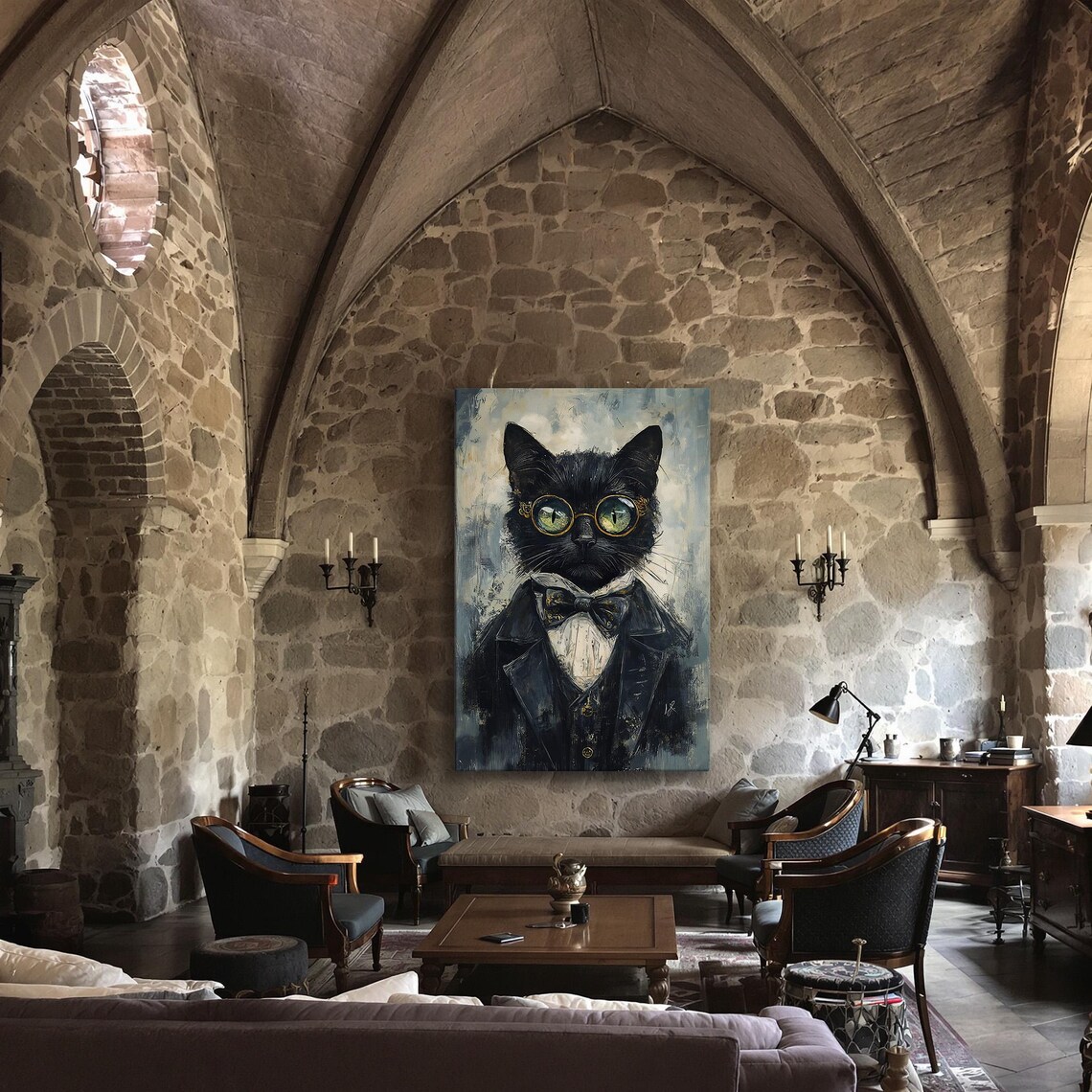Black Cat In Suit And Bow Tie With Round Gold Glasses Whimsical Portrait Poster - Image 3