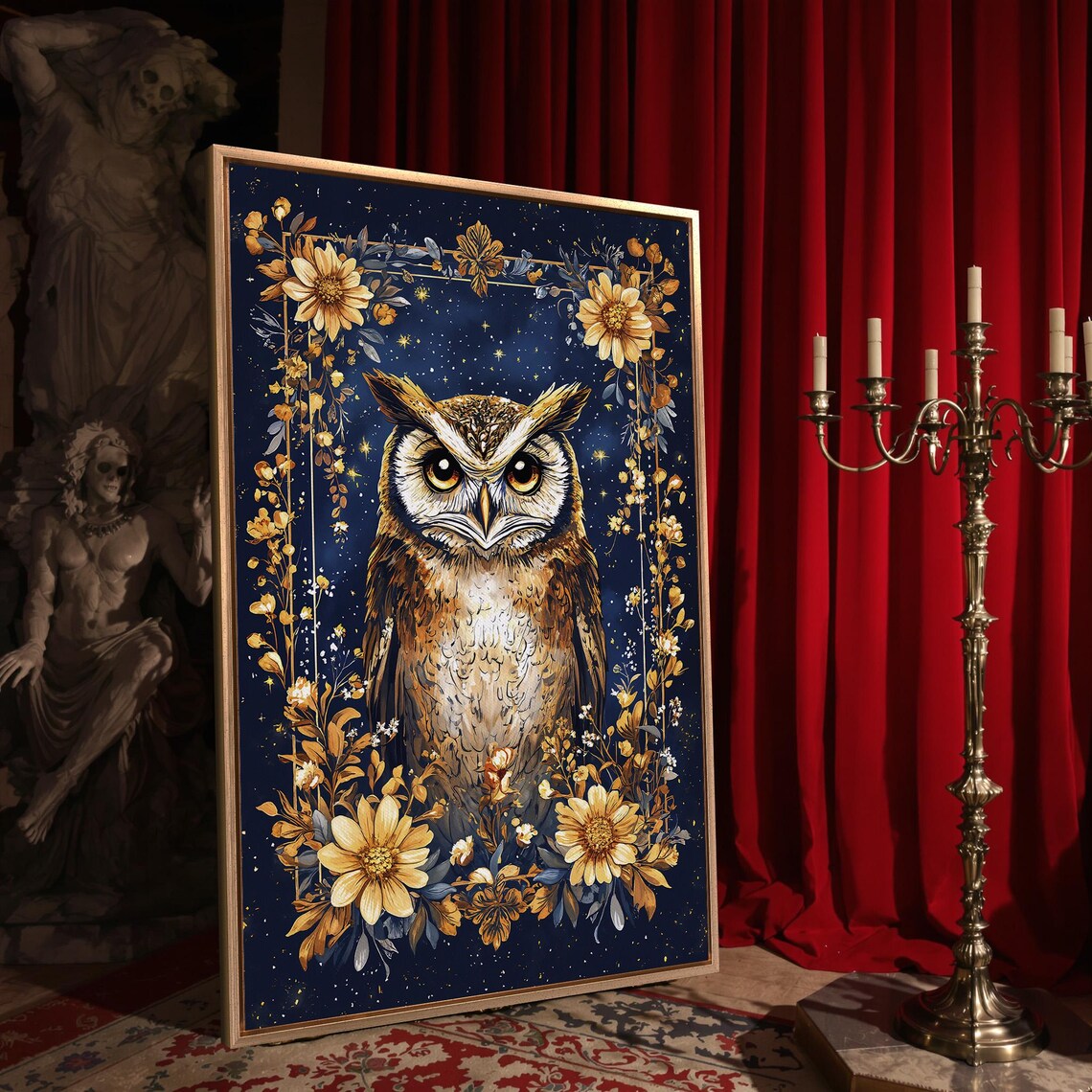 Great Horned Owl With Golden Flowers Starry Night Botanical Art Poster - Image 4