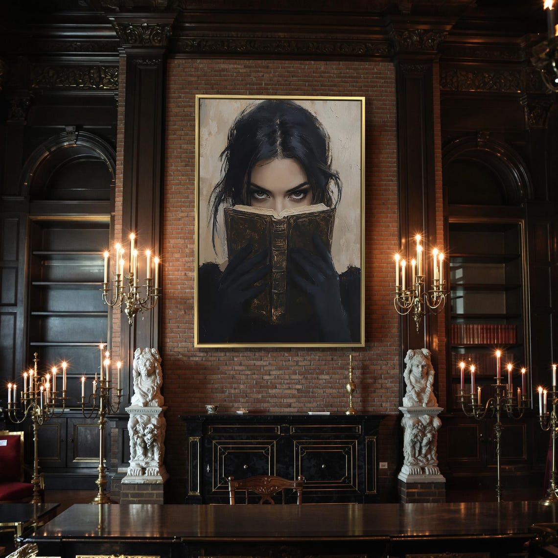 Mysterious Woman Reading Dark Book Print Dark Novel Reader Decor Gothic Dark Cottagecore Poster Ready To Hang Framed Wall Art - Image 2