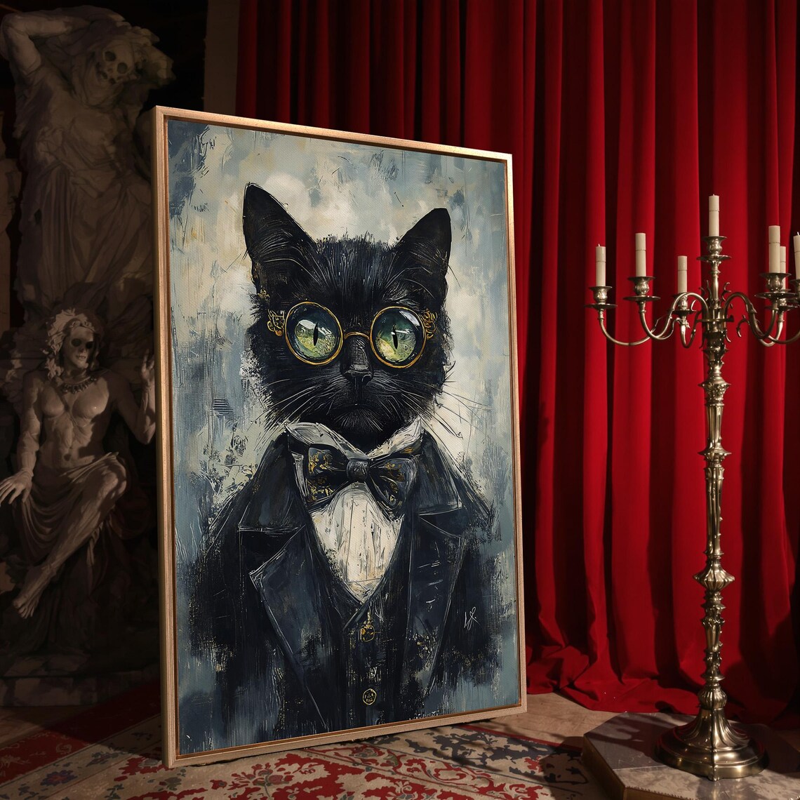 Black Cat In Suit And Bow Tie With Round Gold Glasses Whimsical Portrait Poster - Image 4