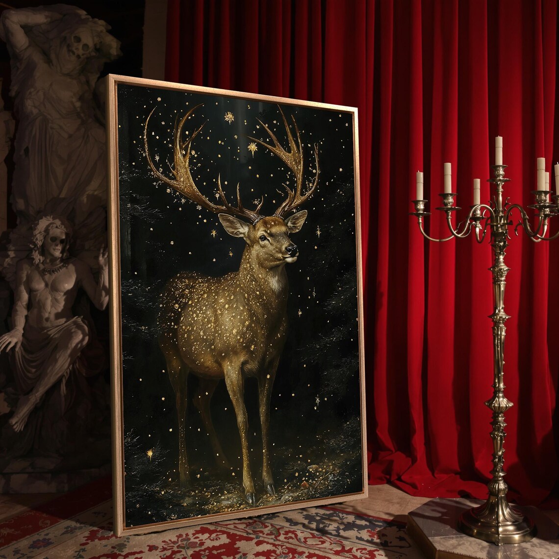 Enchanted Sparkling Deer With Golden Antlers In Dark Mystical Forest Poster - Image 4