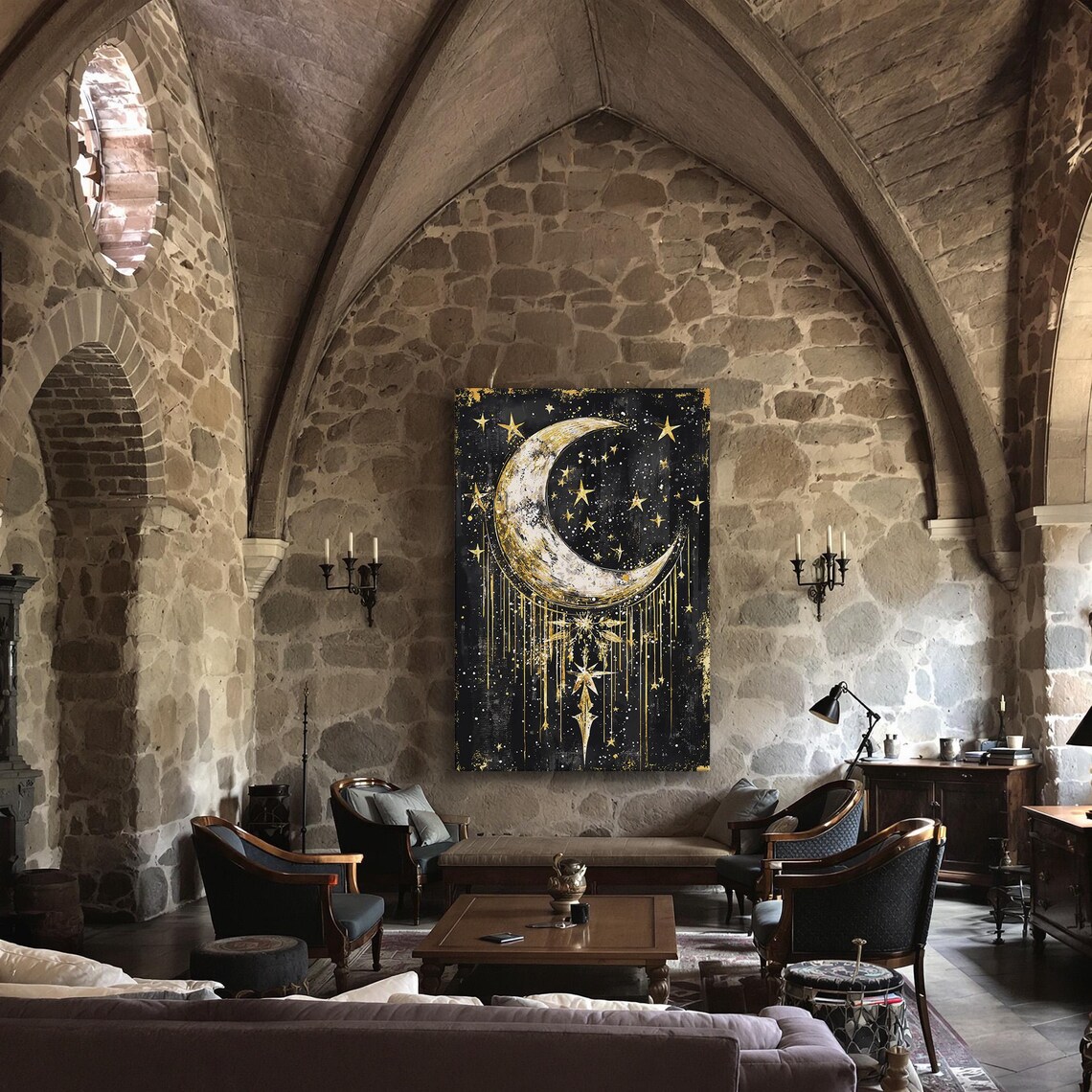 Crescent Moon Dripping Gold Stars Gothic Celestial Black Night Wall Art Poster - Image 3