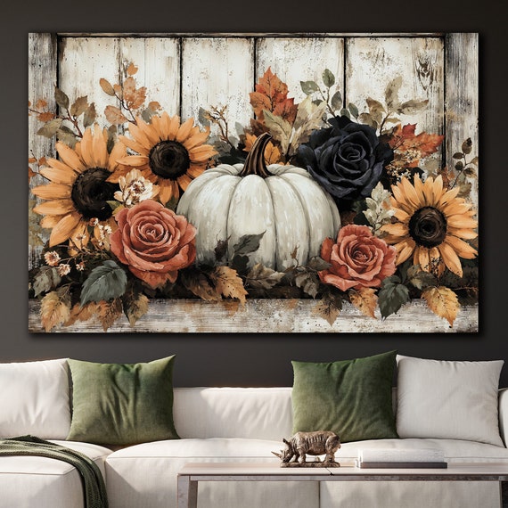 Halloween Autumn Pumpkin Canvas Wall Art Cozy Rustic Decor Country Fall Harvest Painting Print Sunflowers Poster Ready To Hang