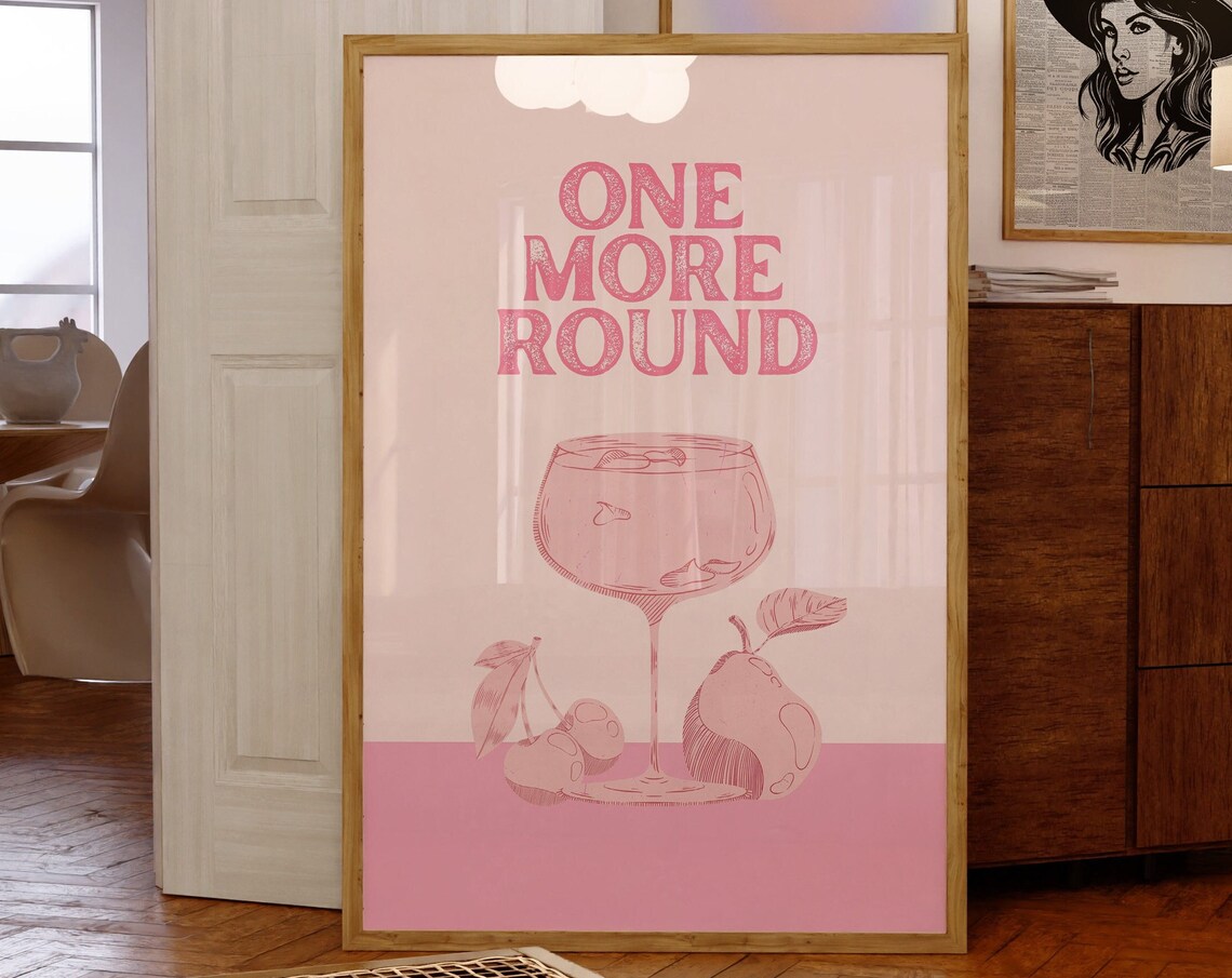 One More Round Pink Cocktail Poster With Cherries and Sweet Pears