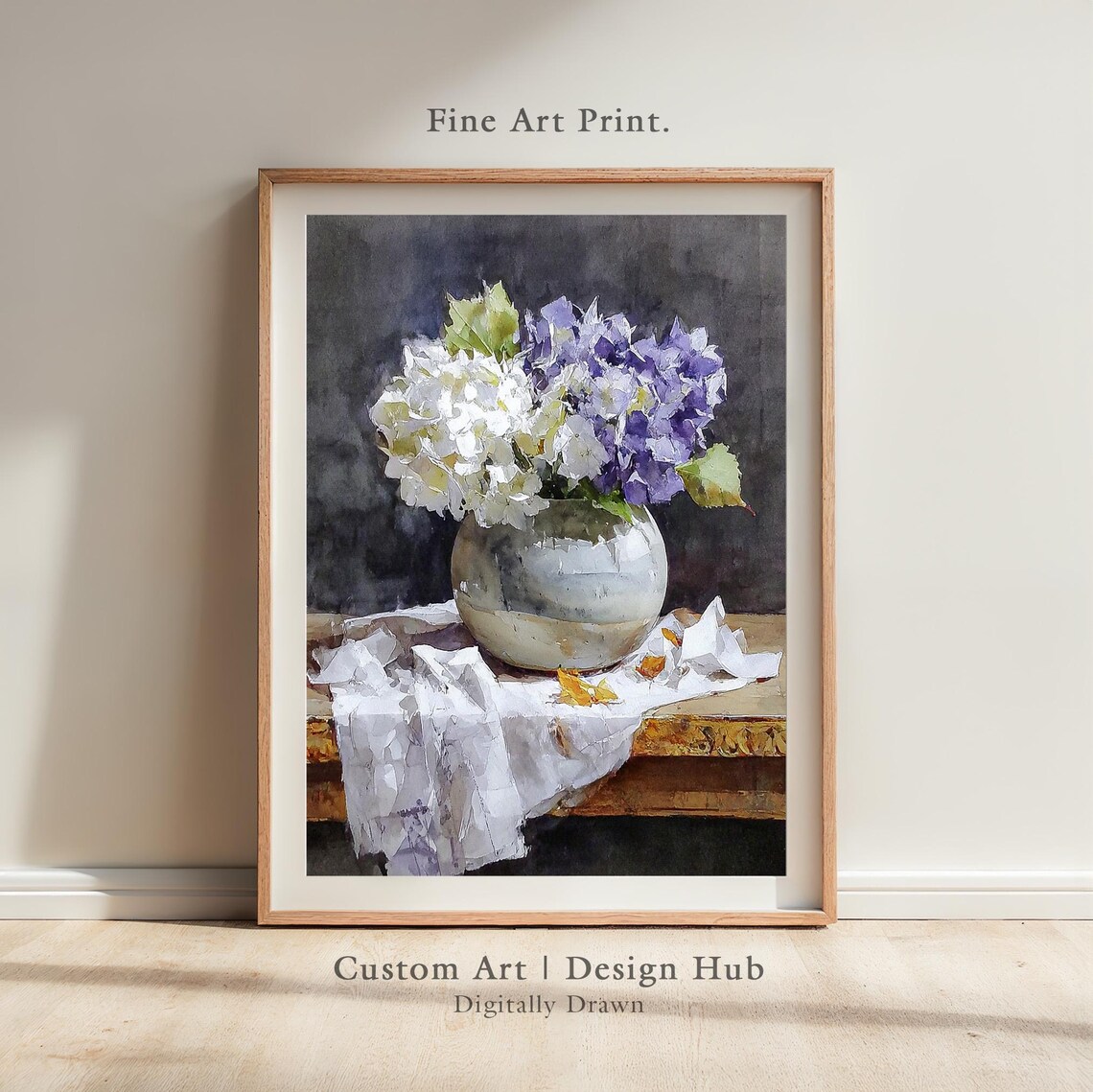 Watercolor Hydrangeas in Vase, Floral Art Print