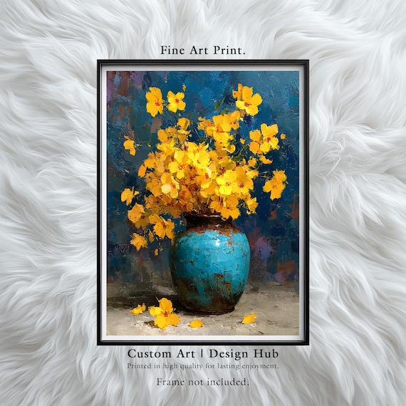 Yellow Blossom Impressionist Painting Blue Ceramic Vase Floral Poster