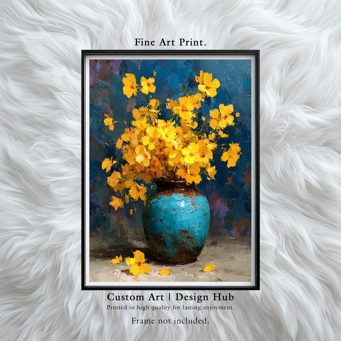 Yellow Blossom Impressionist Painting Blue Ceramic Vase Floral Poster