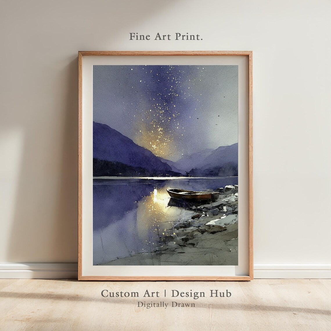 Watercolor Boat On Lake At Night, Art Print