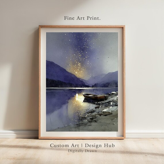 Watercolor Boat On Lake At Night, Art Print