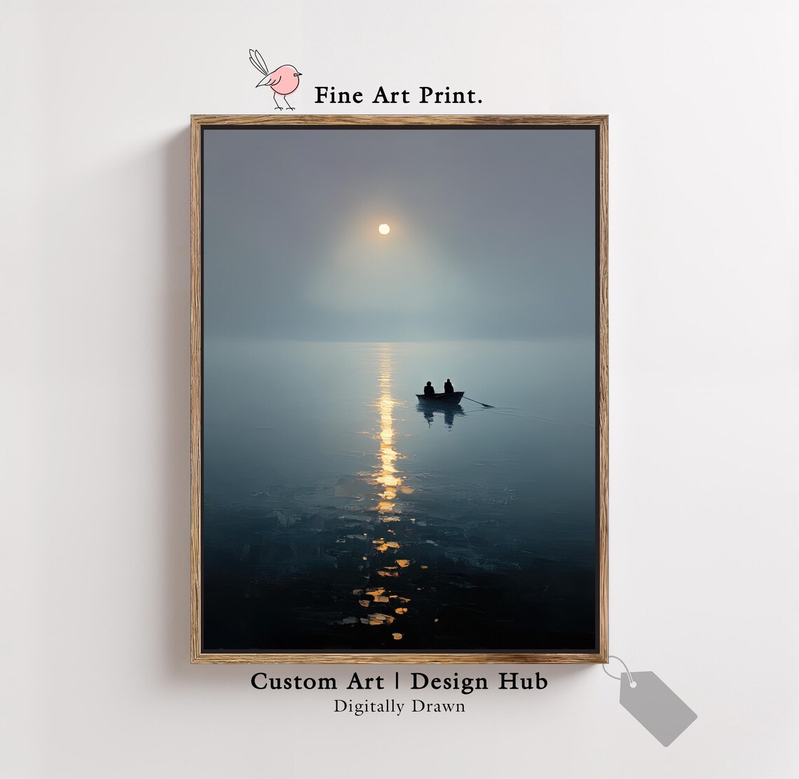 Blue Night Lake, Boat And Moon Reflection Art Print