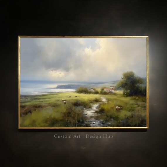Rustic Seaside Meadow Sheep Pasture Coastal Oil Painting Poster