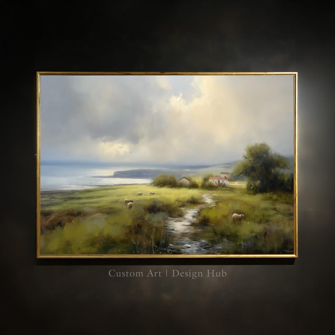 Rustic Seaside Meadow Sheep Pasture Coastal Oil Painting Poster