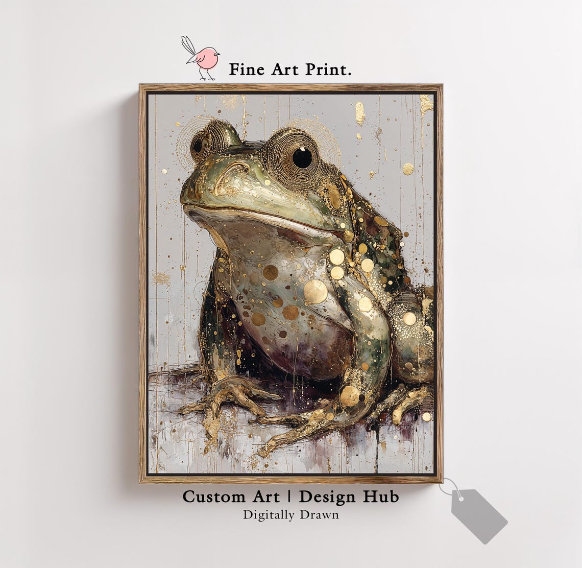 Majestic Green Frog Portrait With Golden Splatter Painting Print