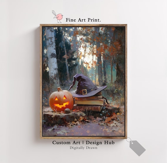 Halloween Pumpkin Witch Hat Art Print, Moody Autumn Decor