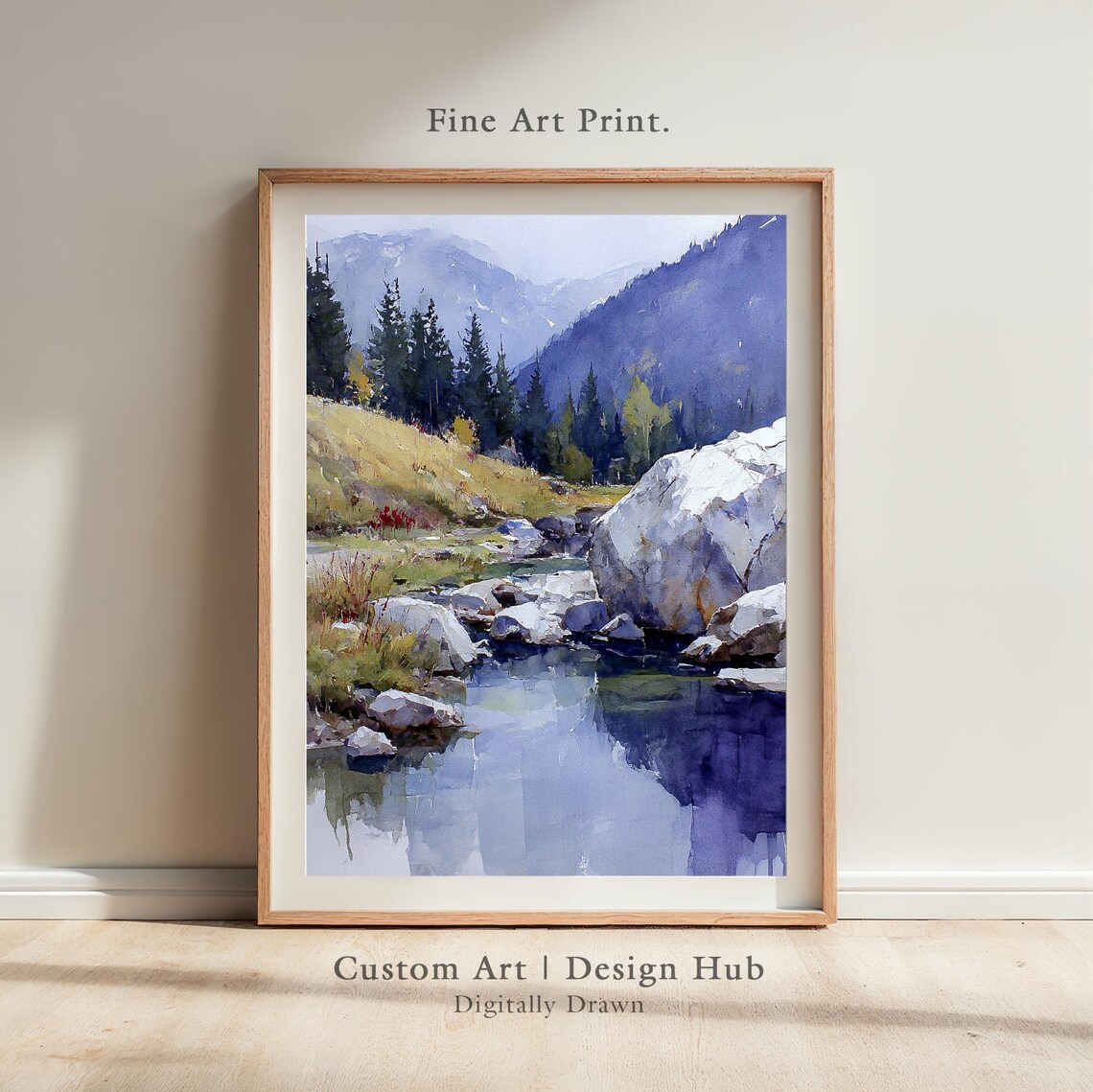 Watercolor Mountain Landscape, Forest And River Scene