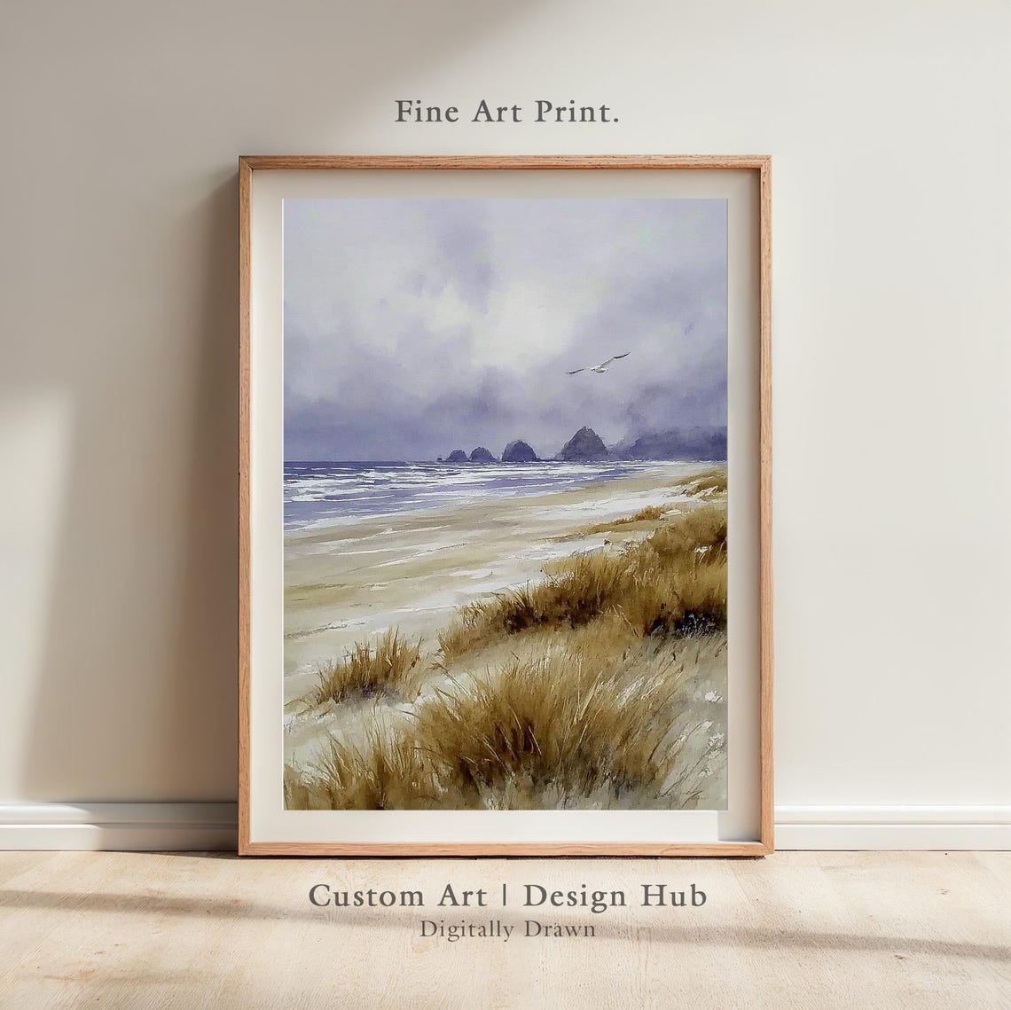 Misty Watercolor Beach Dunes Seagulls Coastal Landscape Wall Art